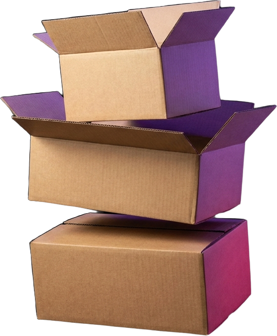 Caixas de papelão empilhadas, tons violeta e magenta